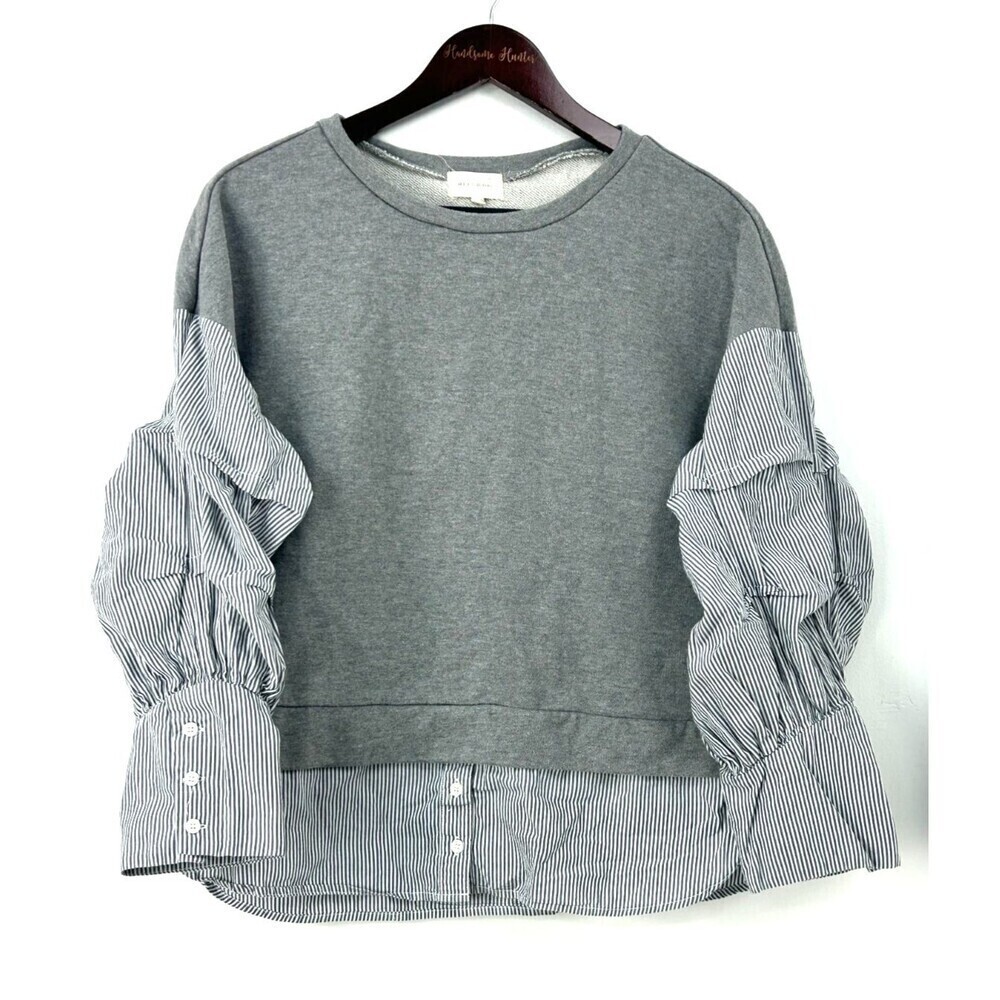 Melloday Women Sweatshirt Heather Gray Striped Top Pleated Ruched Sz L 1167T1